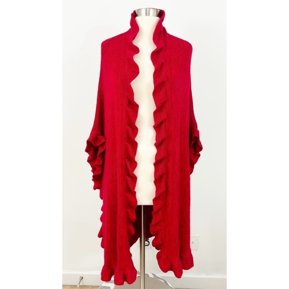 Charter Club Red Ruffled Short Sleeves Open Front Sweater Cape Cardigan One Size - Picture 1 of 12